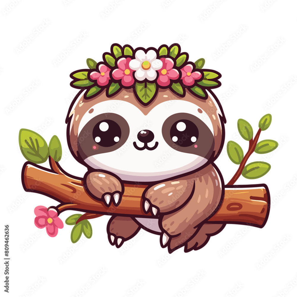 Fototapeta premium cute sloth cartoon on tree branch with flower crown cartoon vector icon illustration