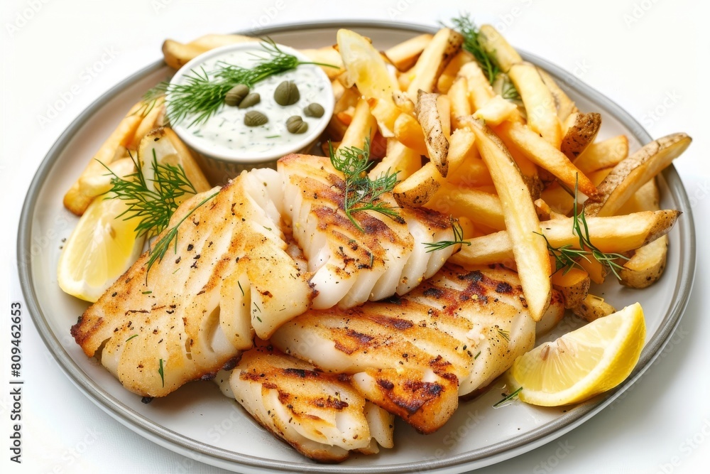Artfully Presented Air Fried Cod and French Fries with Tartar Sauce Artfully Presented Air Fried Cod and French Fries with Tartar Sauce