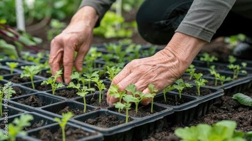 Planting Seedlings in Trays for a Vegetable Garden