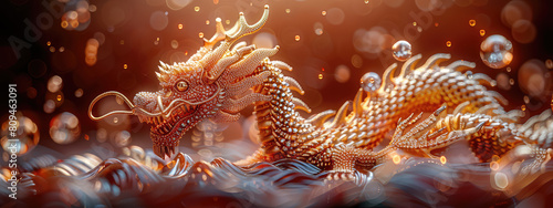  Chinese dragon with golden scales, water droplets flying in the air, red background. Created with Ai photo