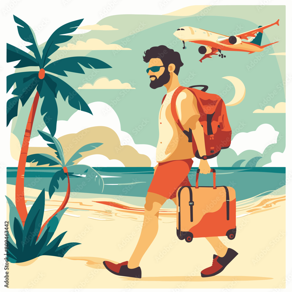 young man is walking with his luggage at the airport, with a plane in the background, in the vector illustration style, in a flat design, in a cartoon style young man is walking with his luggage at the airport, with a plane in the background, in the vector illustration style, in a flat design, in a cartoon style