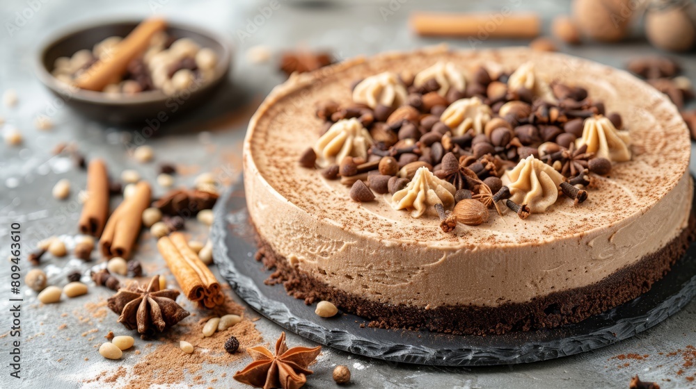 A tight shot of a cake on a plate, centered on a table Surrounding the scene are scattered nuts and a small bowl of cinnamon in the background A tight shot of a cake on a plate, centered on a table Surrounding the scene are scattered nuts and a small bowl of cinnamon in the background