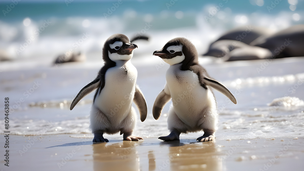 Fototapeta premium Adorable baby penguins are hanging out at the beach, AI generated