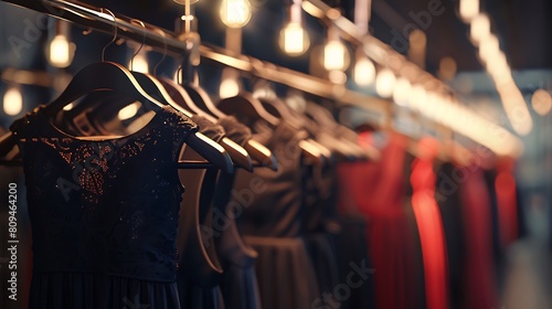 A row of elegant dresses hanging on sleek chrome hangers, illuminated by soft spotlights in a modern boutique