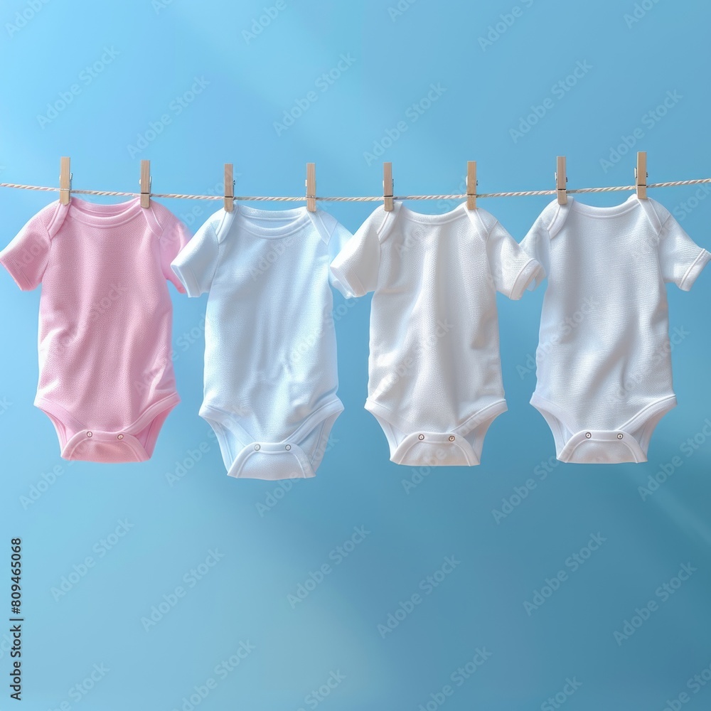 clothes hanging in a row on a pastel blue background, on a baby clothesline, pink and white t-shirts for girls or boys, shirts, pants, socks, new born children. clothes hanging in a row on a pastel blue background, on a baby clothesline, pink and white t-shirts for girls or boys, shirts, pants, socks, new born children.