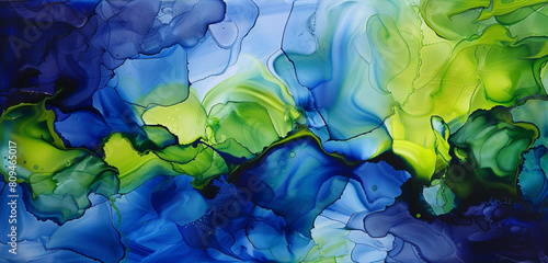 Abstract painting in vibrant lime and deep blue alcohol ink  luxurious oil textures.