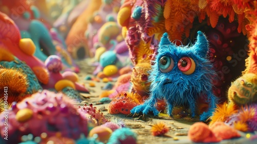 A blue creature with big eyes is hiding behind a rock. The background is a colorful landscape with pink, blue, and green plants.