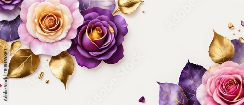 rose petals on white background with copy space for text. Golden alcohol ink watercolor floral bloom banner for Mother’s Day or mauve wedding stationery