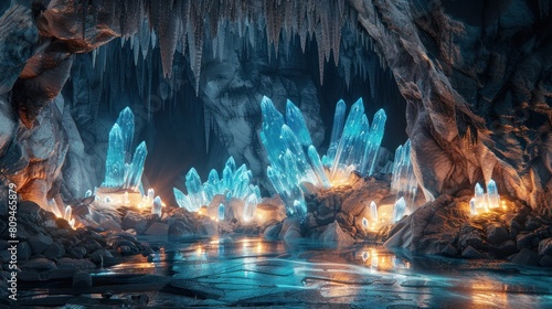 Enchanting Glowing Crystals Illuminating Surreal Underground Cavern Landscape