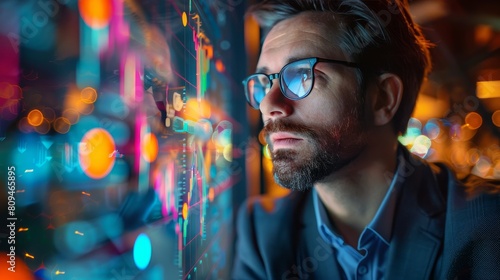 Bearded man wearing glasses thoughtfully looking at a digital display of information.