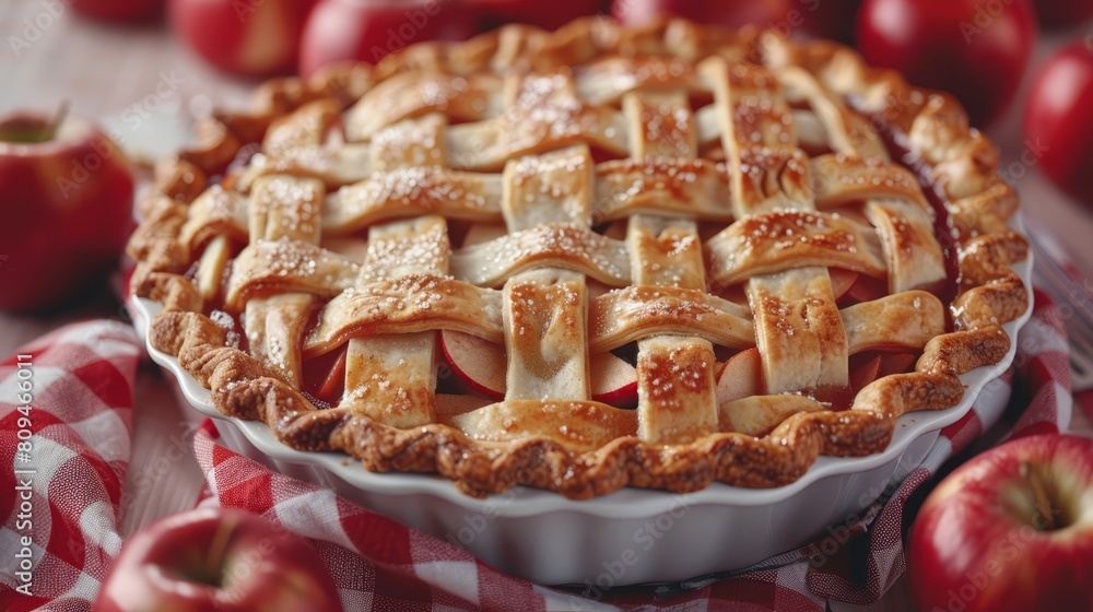 A pie atop a red-and-white checkered tablecloth, near a mound of red apples A pie atop a red-and-white checkered tablecloth, near a mound of red apples