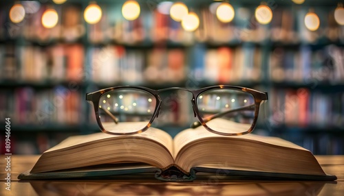 A book opened with glasses set atop, with a personal library in the background as a bokeh