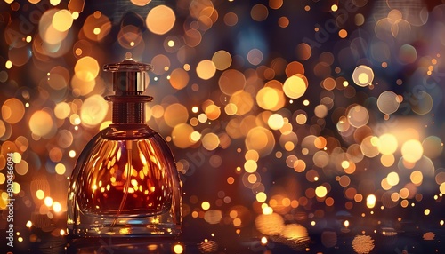 A bottle of perfume with a spritz frozen in time, a luxurious bokeh effect in the background