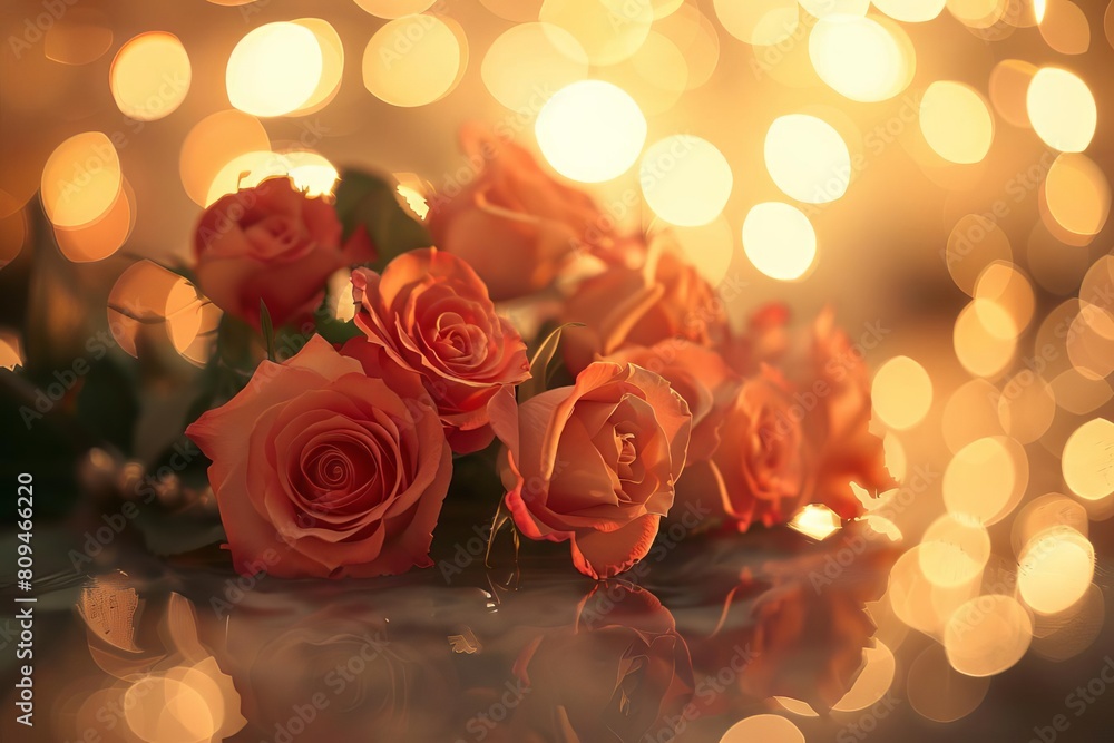 A bouquet of roses on a table, their petals softly illuminated by golden bokeh A bouquet of roses on a table, their petals softly illuminated by golden bokeh