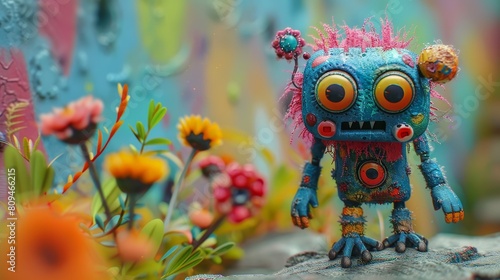 Small blue creature with pink hair standing in a colorful garden.