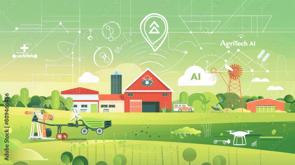 rural farm scene enhanced with AI technology, featuring drones and robotic systems aiding in farming activities
