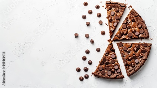   A chunk of chocolate chip pizza on a pristine white backdrop, studded with scattered chocolate chips; a slice extracted
