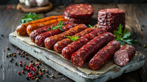 rustic scene of smoked sausages, including links of chorizo and kielbasa, arranged on a white wooden board in a traditional, appetizing style