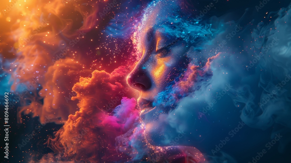 The image is a depiction of a woman's face. The face is made up of swirling clouds of gas and dust, and is set against a background of stars and galaxies.