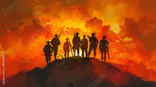 An abstract interpretation of veterans from different eras (Civil War WWI WWII modern) standing together on a hill silhouetted against a fiery orange sky blending historical and modern elements. photo