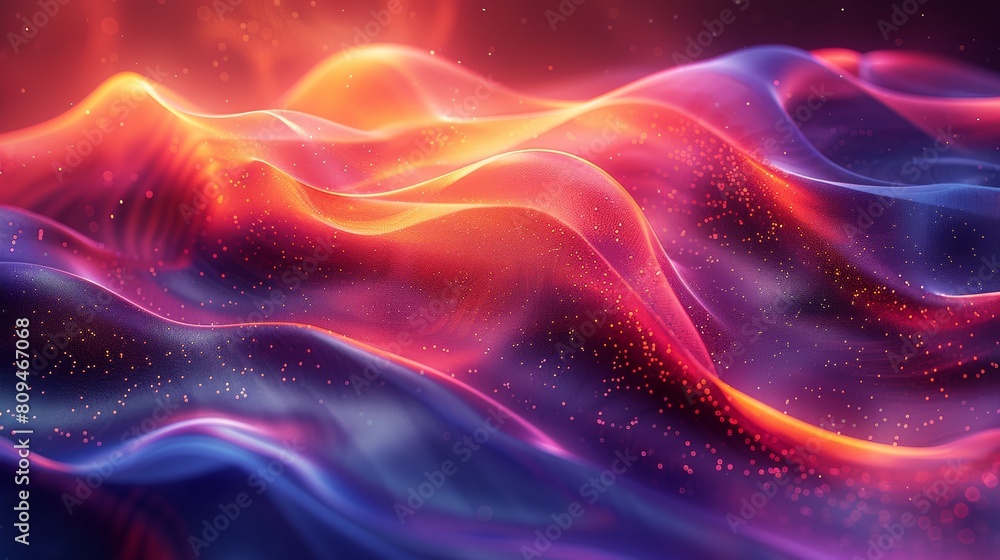 Digital illustration of flowing colorful waves with particle accents against a dark backdrop