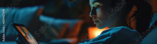 A cinematic shot of a person watching a movie on a tablet in Dark Mode, their face reflecting the screens glow photo