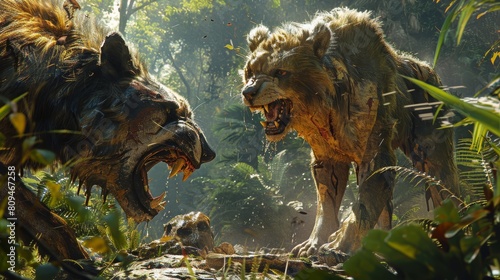 The image shows two saber-toothed tigers facing off in a lush jungle setting. The tigers are both snarling and showing their teeth, and the scene is full of tension and excitement. photo