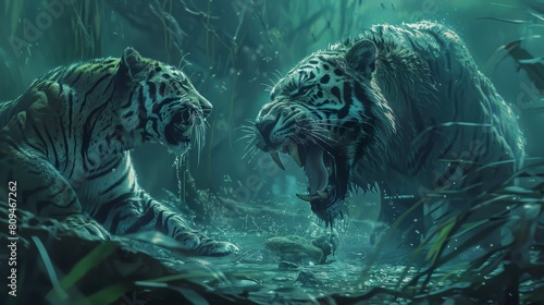 The image shows two tigers staring at each other in the jungle