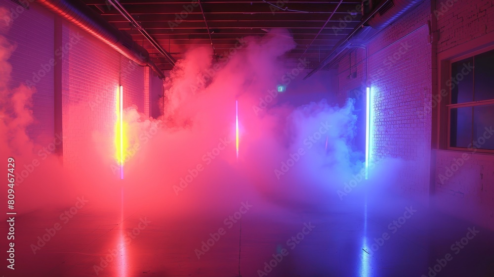 The red and blue lights create a dramatic atmosphere in the room. The smoke adds a sense of mystery and danger.