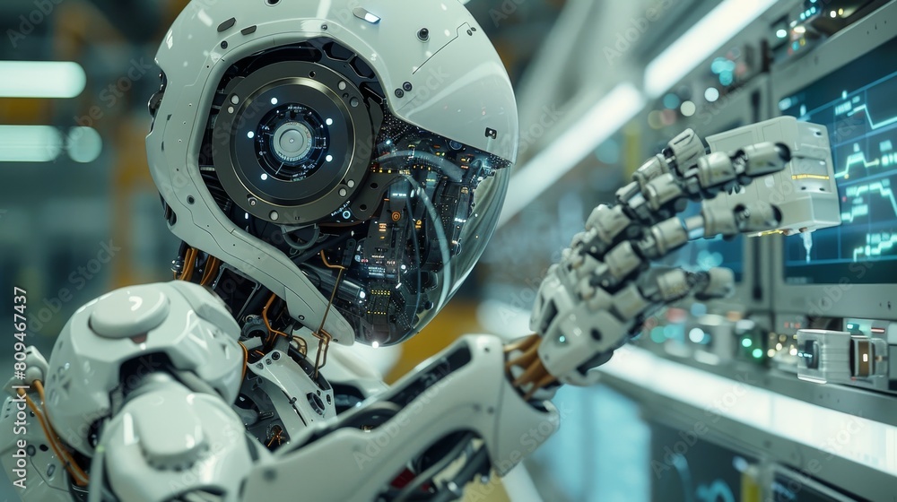 The robot is examining the circuit board. The robot is examining the circuit board.
