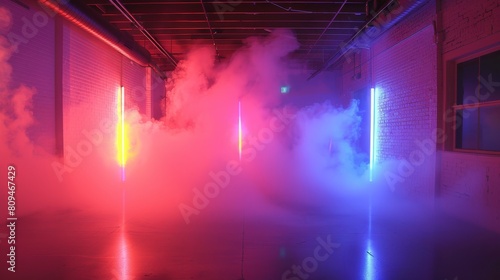 The red and blue lights create a dramatic atmosphere in the room. The smoke adds a sense of mystery and danger.