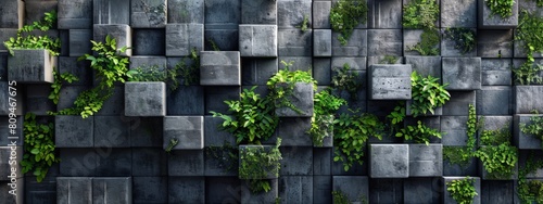 A textured concrete wall with geometric patterns, adorned by lush green plants and vines. 