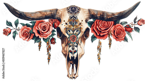 A decorative Bull Skull with Intricate Tattoos and Roses isolated on a transparent background