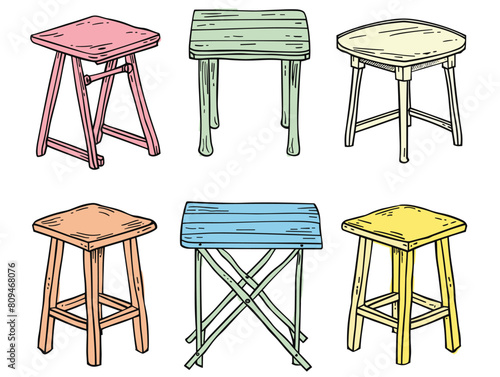 Handdrawn variety stools colorful sketch. Six different wooden stools, various designs colors. Quirky furniture, unique handcrafted stools, isolated white background