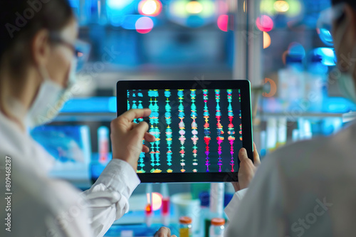 Doctor explains personalized medicine options, holding tablet showing patient's genetic profile for treatment. photo