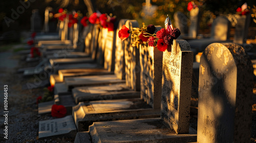 A row of tombstones casting long shadows in the late afternoon sun each adorned with a red poppy and American flag ready for Memorial Day messages. photo
