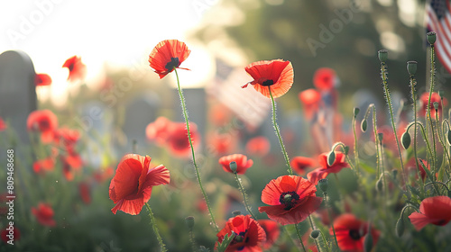 A soft-focus view of red poppies in the foreground with blurred American flags and tombstones in the background suitable for adding Memorial Day greetings. photo