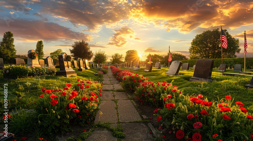 A sweeping panorama of a well-kept military cemetery at sunset with vibrant red poppies and American flags at each grave perfect for Memorial Day backgrounds. photo