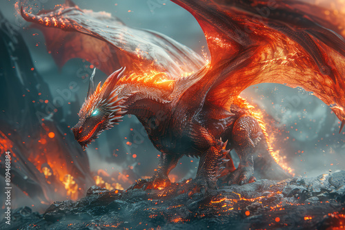 A majestic dragon with fiery red scales and piercing eyes roars amidst the flickering flames of an ancient volcano. Created with Ai