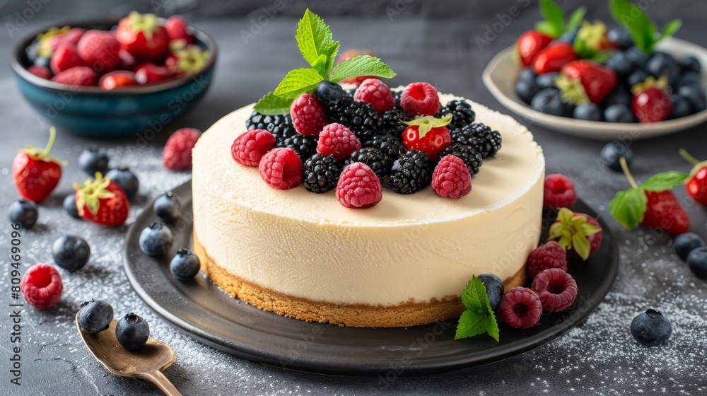   A tight shot of a cake on a plate, adorned with raspberries and blueberries atop