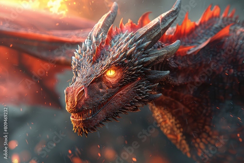 A red dragon with orange glowing eyes, in the fantasy art style, epic and cinematic. Created with Ai photo