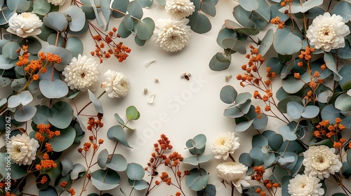 Eucalyptus and Cotton Branch Arrangement on Textured Background