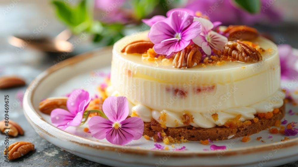 A white plate bears a slice of cake, crowned with white frosting Atop the frosting sit purple flowers and scattered pecans A white plate bears a slice of cake, crowned with white frosting Atop the frosting sit purple flowers and scattered pecans