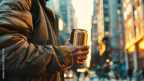 Close-up of a man's hand holding a golden can, set against the backdrop of a city street bathed in the warm glow of a sunset.
 photo