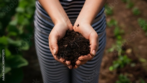 Close up of female famer hands holding soil outdoors at community farm photo