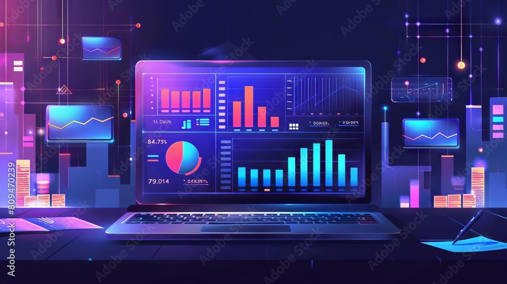 A digital dashboard displaying profit metrics on a laptop screen, surrounded by charts and notes A digital dashboard displaying profit metrics on a laptop screen, surrounded by charts and notes