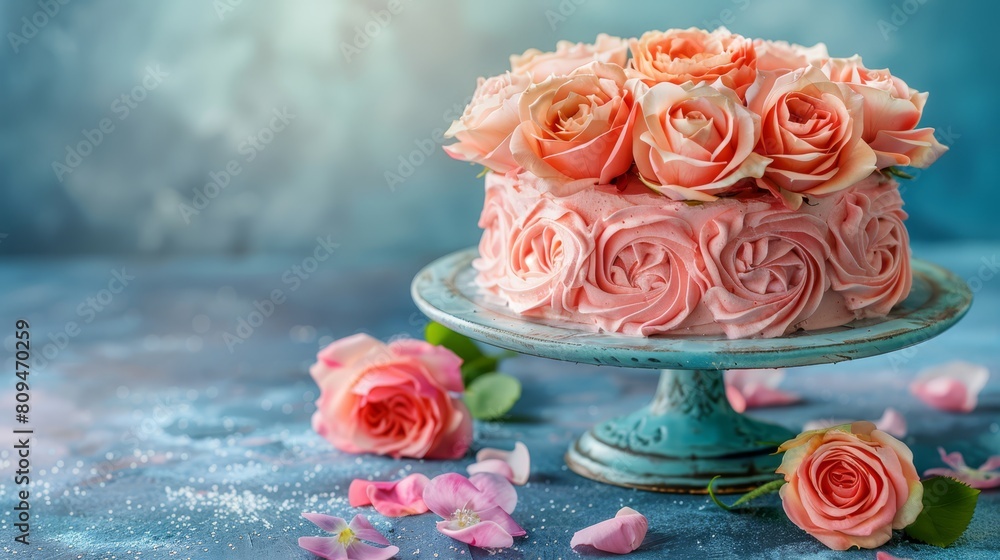 A cake on a plate, with a blue backdrop and flowers adjacent A cake on a plate, with a blue backdrop and flowers adjacent