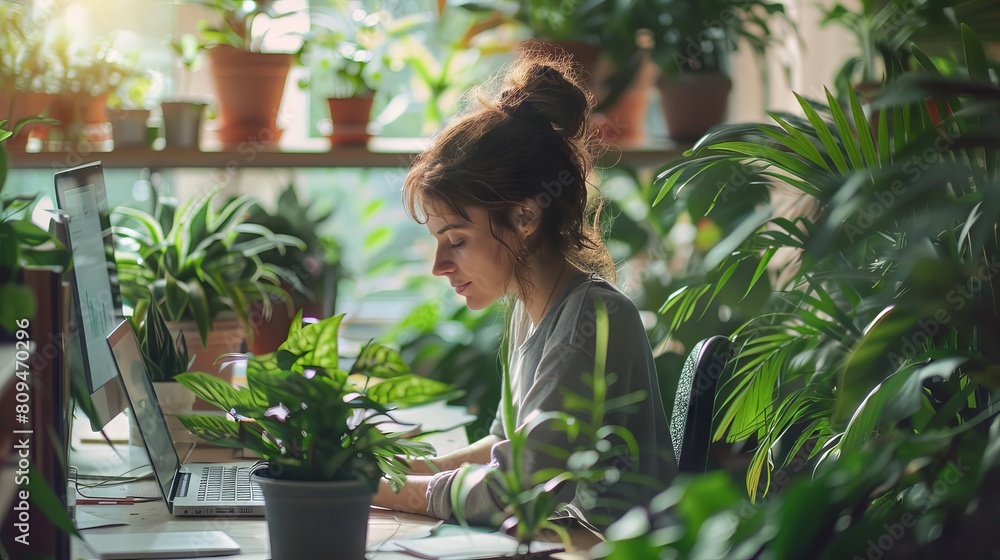 A digital marketer analyzing campaign performance in a lightthemed web analytics tool, surrounded by plants A digital marketer analyzing campaign performance in a lightthemed web analytics tool, surrounded by plants