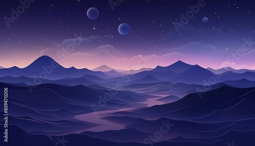 The image is a beautiful landscape of a mountain range at night