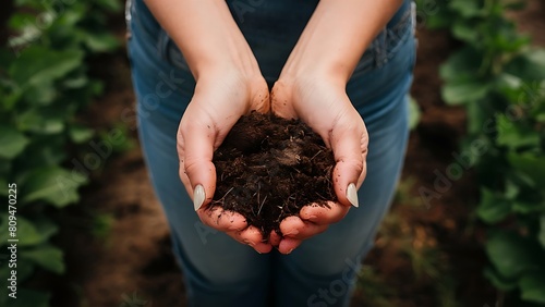 Close up of female famer hands holding soil outdoors at community farm photo